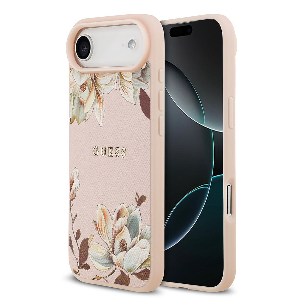 Apple iPhone 17 Air Kılıf Guess Orjinal Lisanslı M-safe Şarj Özellikli Taneli Çiçek Tasarımlı Metal Yazı Logolu Kapak - Görsel 3