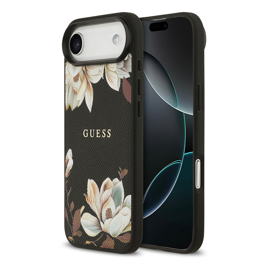 Apple iPhone 17 Air Kılıf Guess Orjinal Lisanslı M-safe Şarj Özellikli Taneli Çiçek Tasarımlı Metal Yazı Logolu Kapak - Görsel 2