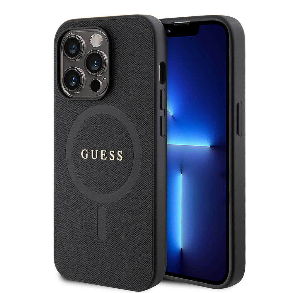Apple iPhone 14 Pro Max Kılıf Guess Orjinal Lisanslı M-safe Şarj Özellikli Yazı Logolu Saffiano Kapak - Görsel 2
