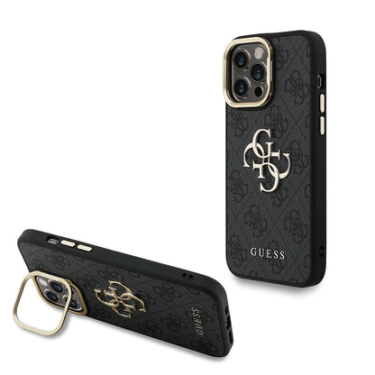 Apple iPhone 14 Pro Max Kılıf Guess Orjinal Lisanslı PU Deri 4G Desenli Metal Büyük 4G ve Yazı Logolu Kamera Standlı Kapak