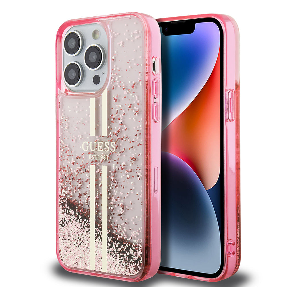Apple iPhone 14 Pro Max Kılıf Guess Orjinal Lisanslı Transparan Sıvılı Simli Altın Çizgili Kapak - Görsel 3