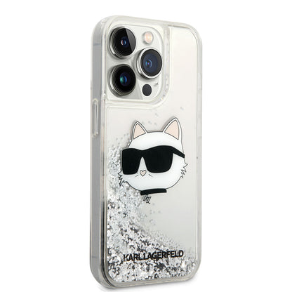 Apple iPhone 14 Pro Max Kılıf Karl Lagerfeld Sıvılı Simli Choupette Head Dizayn Kapak - Görsel 3