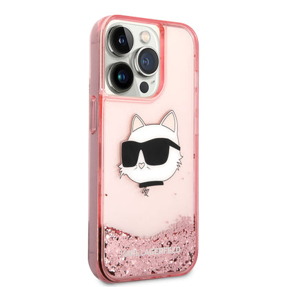 Apple iPhone 14 Pro Max Kılıf Karl Lagerfeld Sıvılı Simli Choupette Head Dizayn Kapak - Görsel 4