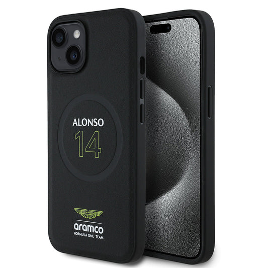Apple iPhone 15 Kılıf Aston Martin Orjinal Lisanslı M-safe Şarj Özellikli PU Deri Alonso 14 Baskılı Kapak