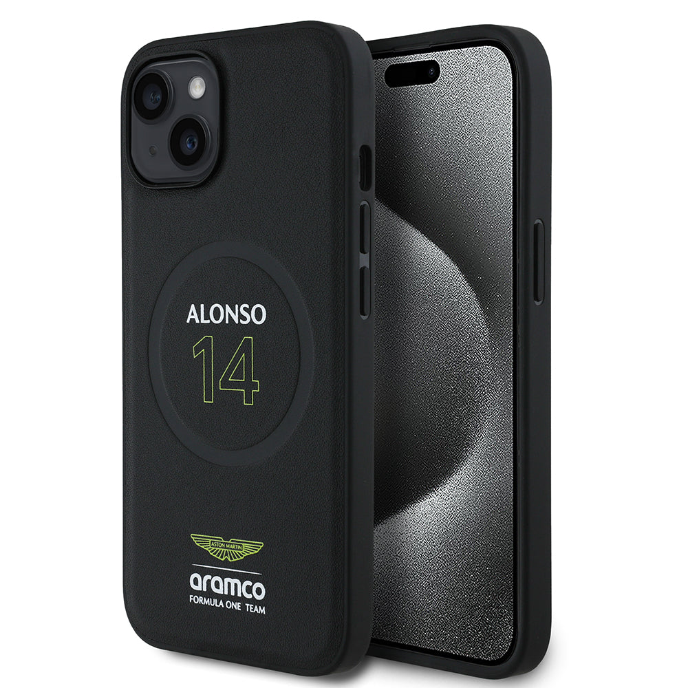 Apple iPhone 15 Kılıf Aston Martin Orjinal Lisanslı M-safe Şarj Özellikli PU Deri Alonso 14 Baskılı Kapak - Görsel 2