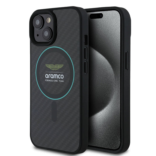 Apple iPhone 15 Kılıf Aston Martin Orjinal Lisanslı M-safe Şarj Özellikli Renkli Halka ve Karbon Fiber Tasarımlı Kapak