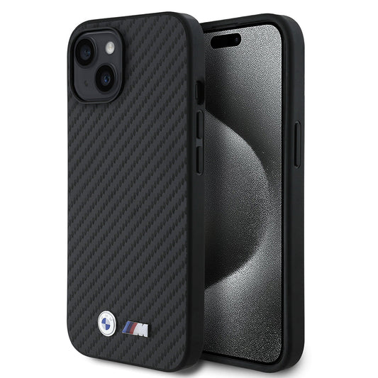 Apple iPhone 15 Kılıf BMW Orjinal Lisanslı Karbon Fiber Tasarımlı ve Metal Logolu PU Deri Kapak