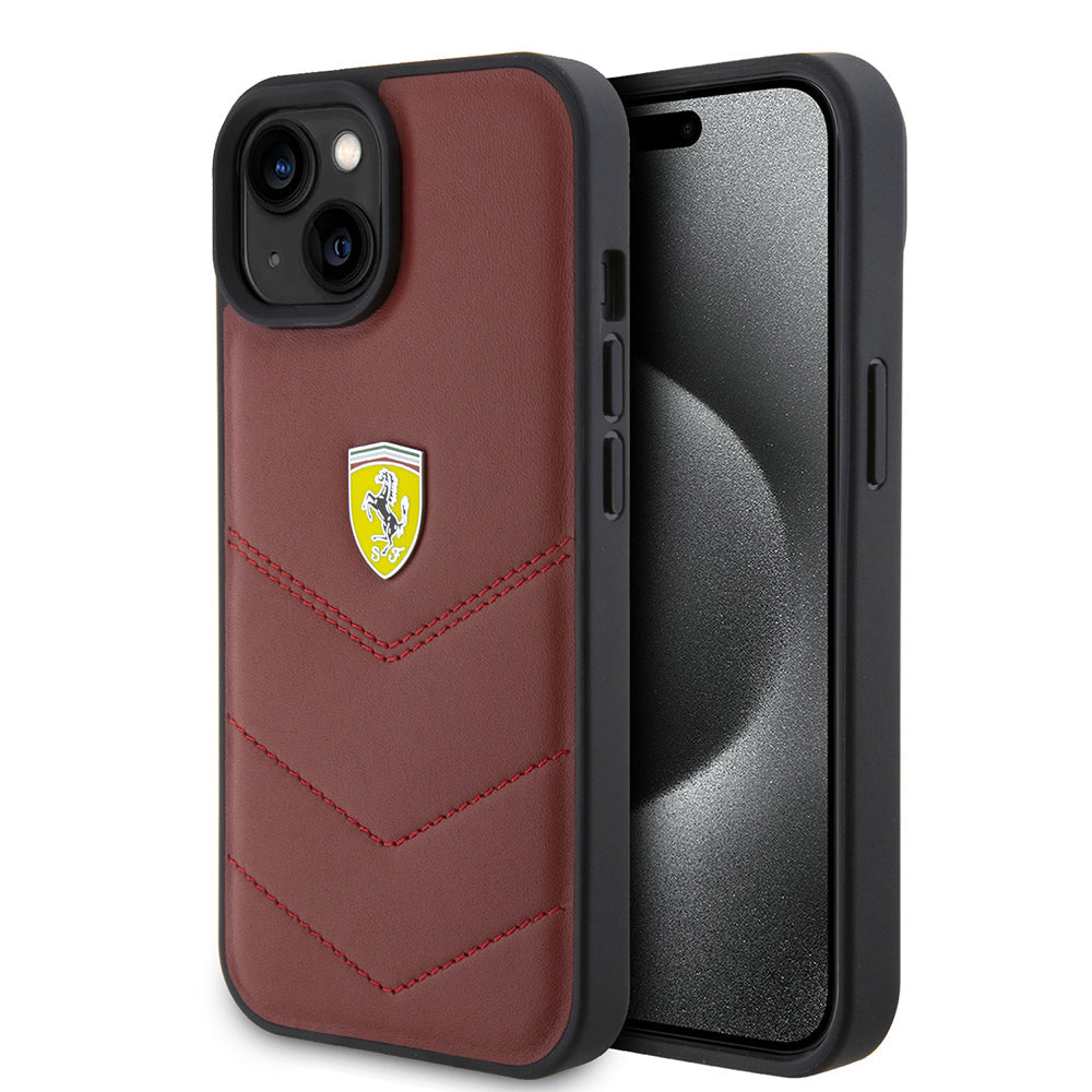 Apple iPhone 15 Kılıf Ferrari Orjinal Lisanslı Deri Dikişli Arka Yüzey Metal Logo Tasarımlı Kapak - Görsel 2