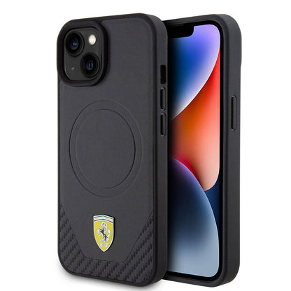 Apple iPhone 15 Kılıf Ferrari Orjinal Lisanslı M-safe Şarj Özellikli Metal Logolu PU Karbon Kapak - Görsel 2
