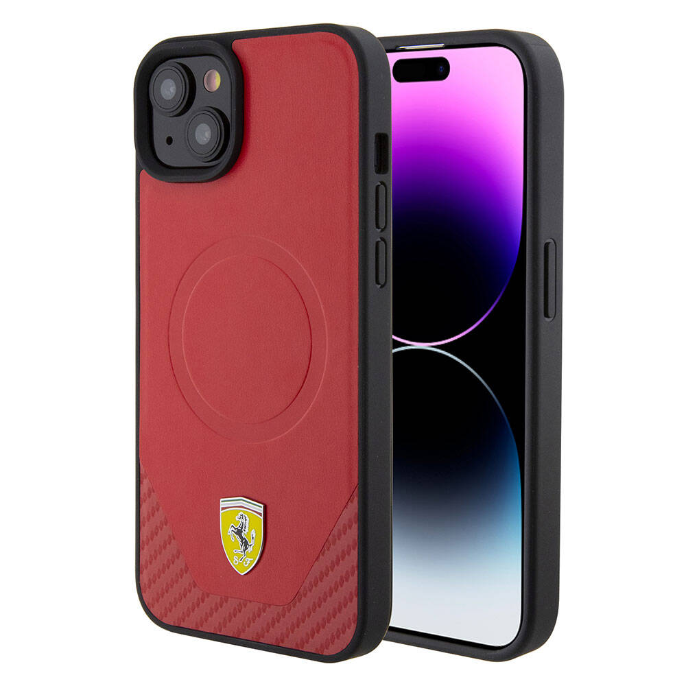 Apple iPhone 15 Kılıf Ferrari Orjinal Lisanslı M-safe Şarj Özellikli Metal Logolu PU Karbon Kapak - Görsel 3