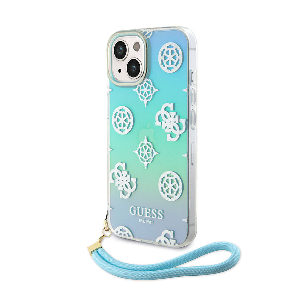 Apple iPhone 15 Kılıf Guess Orjinal Lisanslı Desenli Yazı Logolu Askı İpli Holografik Glitter Peony Kapak - Görsel 3