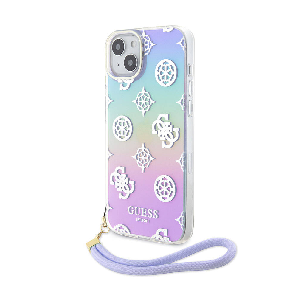 Apple iPhone 15 Kılıf Guess Orjinal Lisanslı Desenli Yazı Logolu Askı İpli Holografik Glitter Peony Kapak - Görsel 4