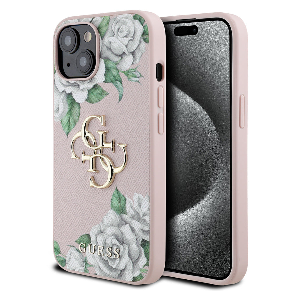 Apple iPhone 15 Kılıf Guess Orjinal Lisanslı Gül Baskılı Büyük Metal Logo Dizaynlı Kapak