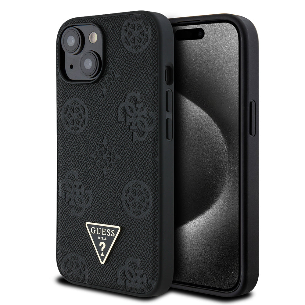 Apple iPhone 15 Kılıf Guess Orjinal Lisanslı M-safe Şarj Özellikli Sıcak Baskılı Üçgen Logolu PU Deri Peony Kapak - Görsel 3
