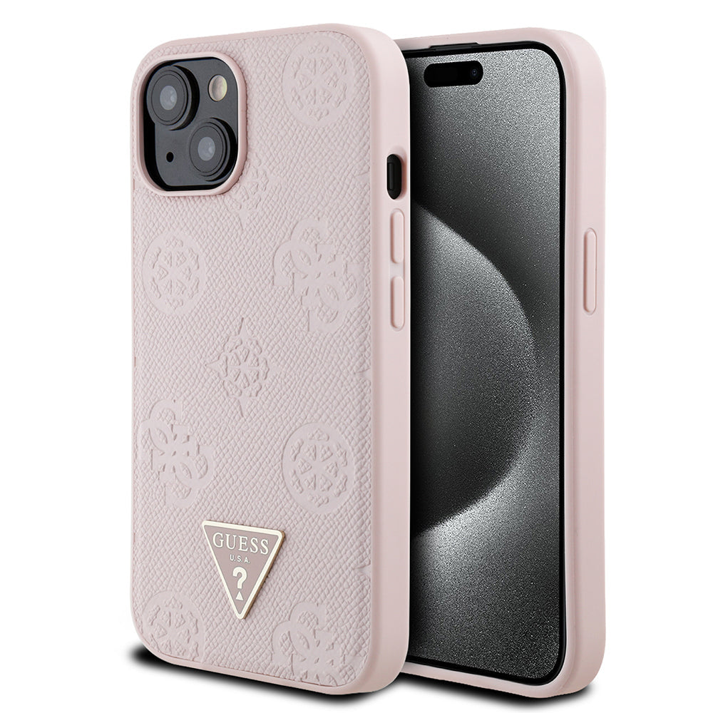 Apple iPhone 15 Kılıf Guess Orjinal Lisanslı M-safe Şarj Özellikli Sıcak Baskılı Üçgen Logolu PU Deri Peony Kapak - Görsel 4