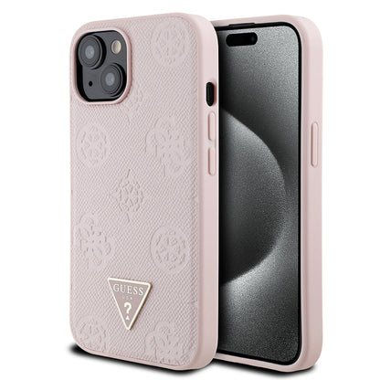 Apple iPhone 15 Kılıf Guess Orjinal Lisanslı M-safe Şarj Özellikli Sıcak Baskılı Üçgen Logolu PU Deri Peony Kapak - Görsel 4