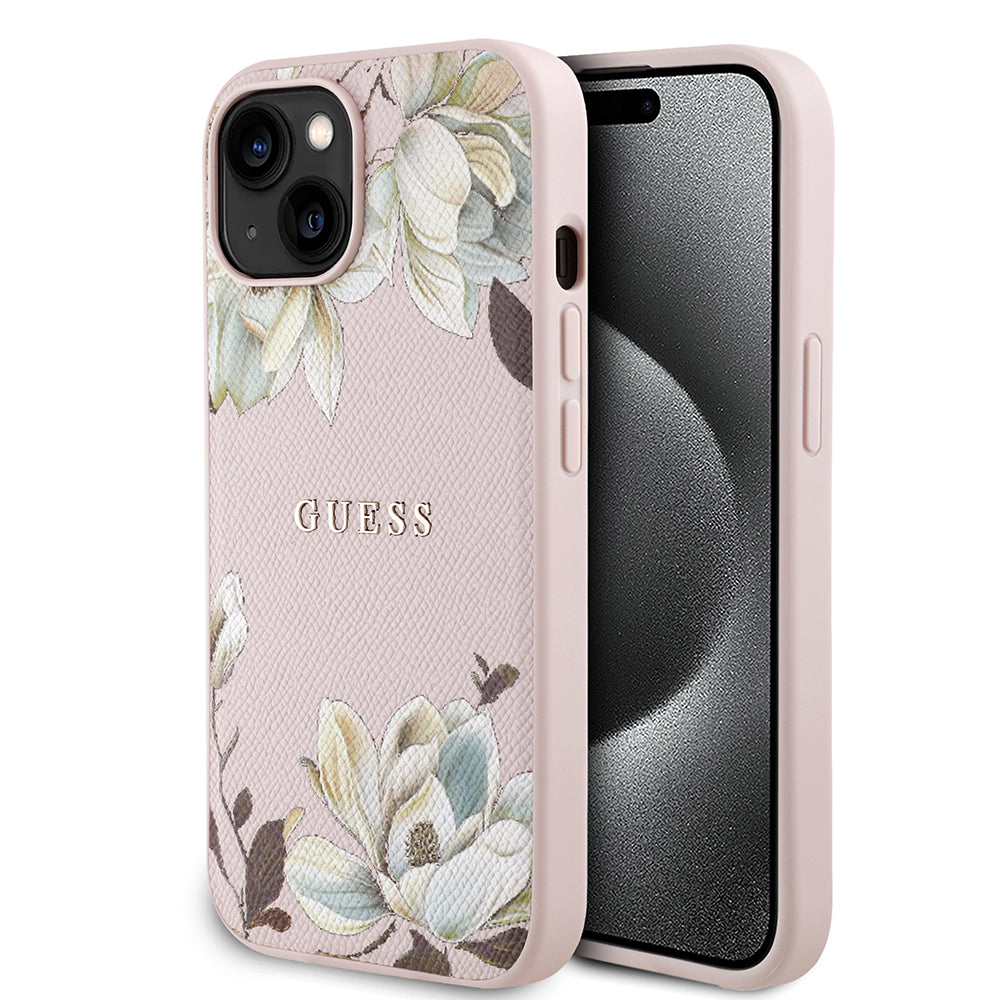 Apple iPhone 15 Kılıf Guess Orjinal Lisanslı M-safe Şarj Özellikli Taneli Çiçek Tasarımlı Metal Yazı Logolu Kapak - Görsel 3