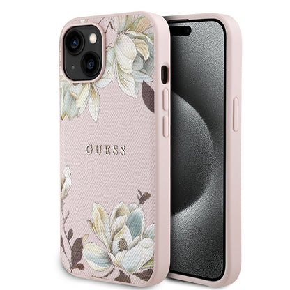 Apple iPhone 15 Kılıf Guess Orjinal Lisanslı M-safe Şarj Özellikli Taneli Çiçek Tasarımlı Metal Yazı Logolu Kapak - Görsel 3