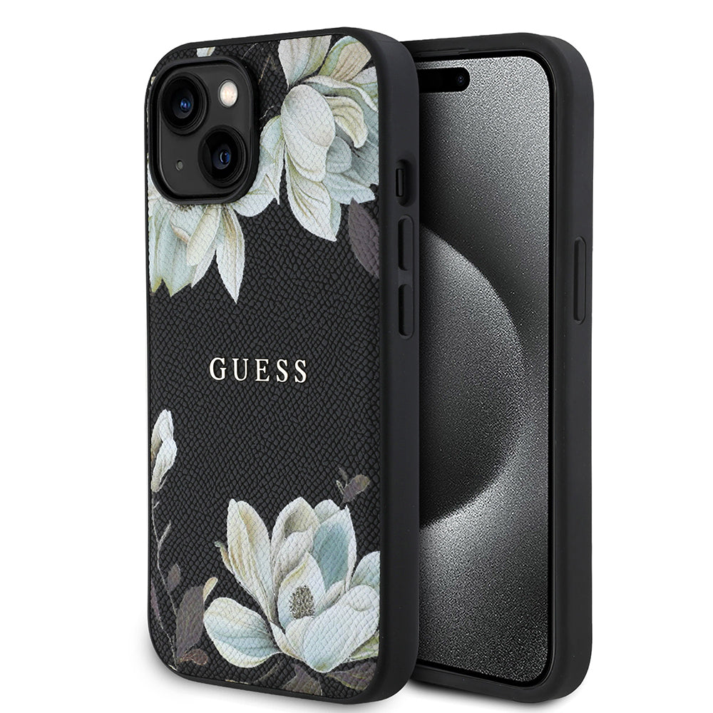 Apple iPhone 15 Kılıf Guess Orjinal Lisanslı M-safe Şarj Özellikli Taneli Çiçek Tasarımlı Metal Yazı Logolu Kapak - Görsel 2