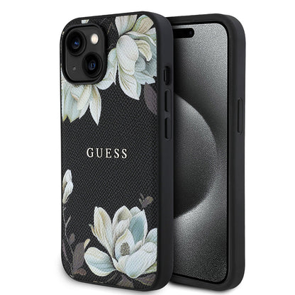 Apple iPhone 15 Kılıf Guess Orjinal Lisanslı M-safe Şarj Özellikli Taneli Çiçek Tasarımlı Metal Yazı Logolu Kapak - Görsel 2