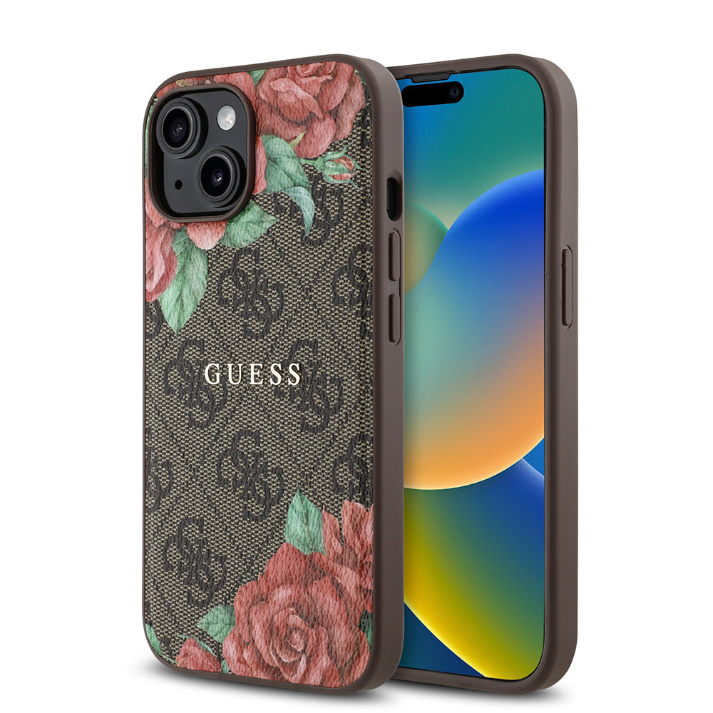 Apple iPhone 15 Kılıf Guess Orjinal Lisanslı M-safe Şarj Özellikli Gül Baskılı 4G Desenli Yazı Logolu Kapak - Görsel 2