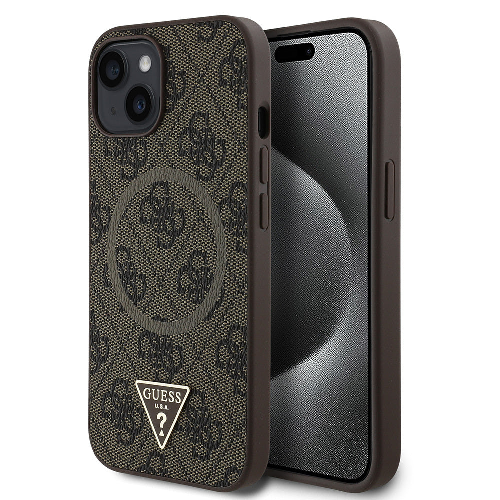 Apple iPhone 15 Kılıf Guess Orjinal Lisanslı M-safe Şarj Özellikli PU Üçgen Logo 4G Desenli Kapak