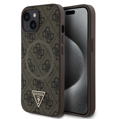 Apple iPhone 15 Kılıf Guess Orjinal Lisanslı M-safe Şarj Özellikli PU Üçgen Logo 4G Desenli Kapak - Görsel 2