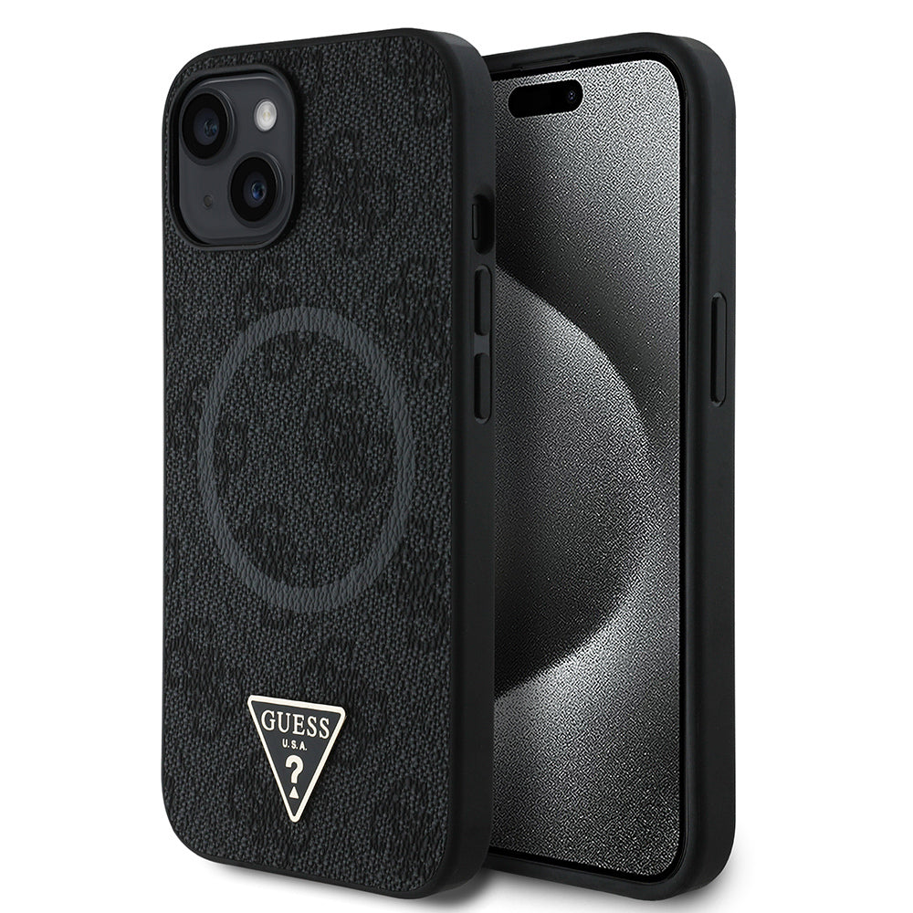 Apple iPhone 15 Kılıf Guess Orjinal Lisanslı M-safe Şarj Özellikli PU Üçgen Logo 4G Desenli Kapak - Görsel 3