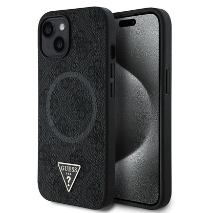 Apple iPhone 15 Kılıf Guess Orjinal Lisanslı M-safe Şarj Özellikli PU Üçgen Logo 4G Desenli Kapak - Görsel 3
