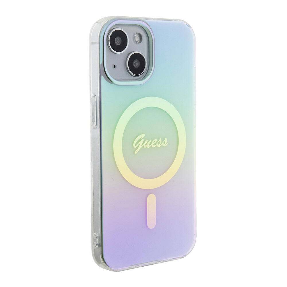 Apple iPhone 15 Kılıf Guess Orjinal Lisanslı M-safe Şarj Özellikli Yazı Logolu Iridescent Kapak - Görsel 3