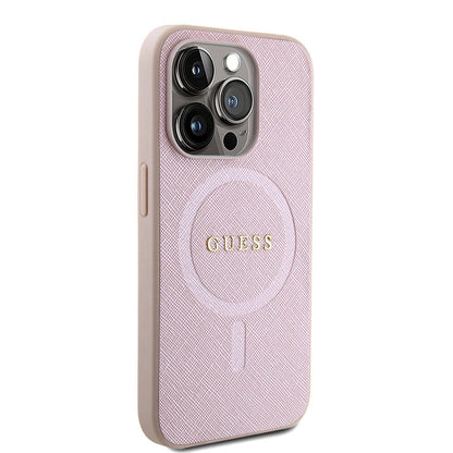 Apple iPhone 15 Kılıf Guess Orjinal Lisanslı M-safe Şarj Özellikli Yazı Logolu Saffiano Kapak - Görsel 4