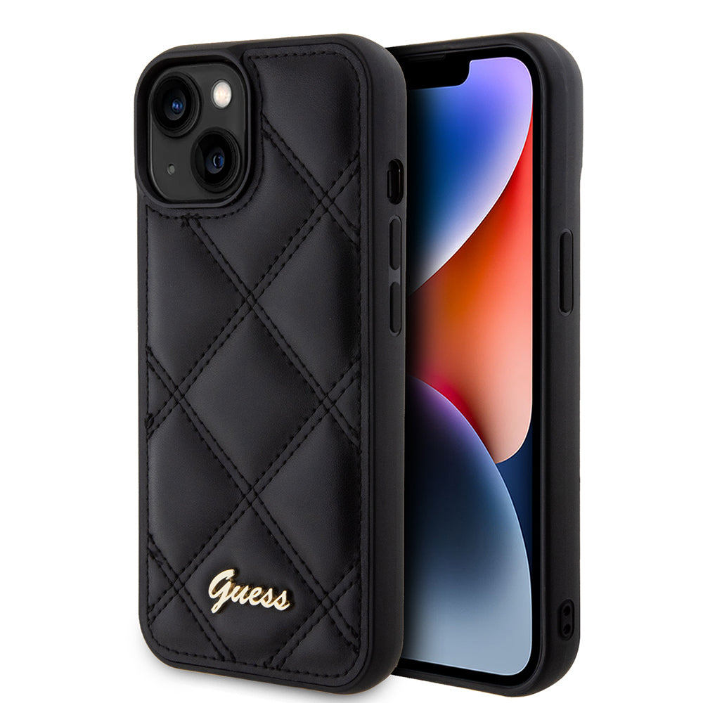 Apple iPhone 15 Kılıf Guess Orjinal Lisanslı PU Deri Metal Yazı Logolu Kapitone Kapak - Görsel 2