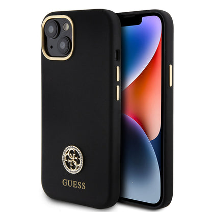 Apple iPhone 15 Kılıf Guess Orjinal Lisanslı Yazı ve Taşlı 4G Logolu Metal Kamera Çerçeveli Silikon Kapak - Görsel 2