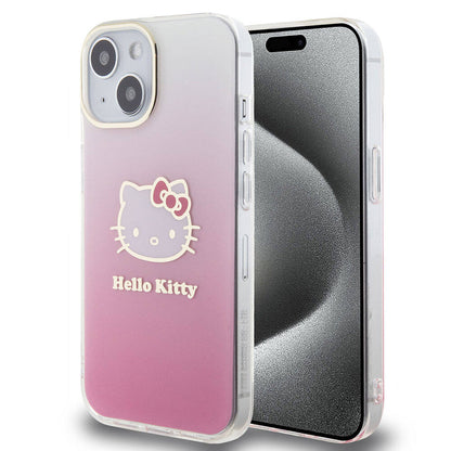 Apple iPhone 15 Kılıf Hello Kitty Orjinal Lisanslı Yazı ve İkonik Logolu Elektroplating Kaplama Gradyan Kapak - Görsel 2