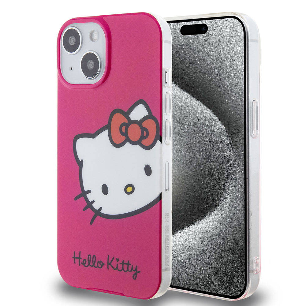 Apple iPhone 15 Kılıf Hello Kitty Orjinal Lisanslı Yazı ve İkonik Logolu Kitty Head Kapak - Görsel 3