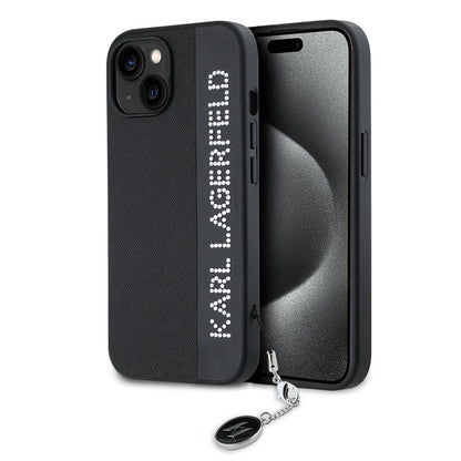 Apple iPhone 15 Kılıf Karl Lagerfeld Orjinal Lisanslı Anahtarlıklı Taşlı KL Yazılı Saffiano Rhinestones Kapak - Görsel 2