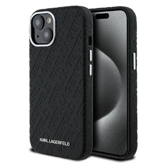 Apple iPhone 15 Kılıf Karl Lagerfeld Orjinal Lisanslı PU Deri Damgalı Metal Yazı Logolu Kapak