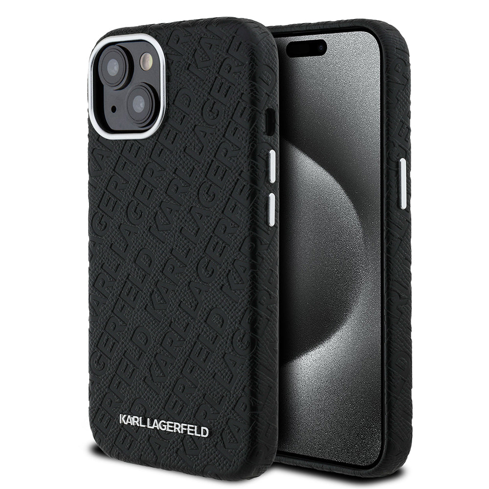 Apple iPhone 15 Kılıf Karl Lagerfeld Orjinal Lisanslı PU Deri Damgalı Metal Yazı Logolu Kapak - Görsel 2