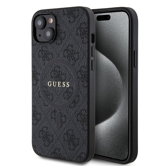 Apple iPhone 15 Plus Guess Orjinal Lisanslı M-safe Şarj Özellikli PU Halkalı 4G Desenli Yazı Logolu Kapak
