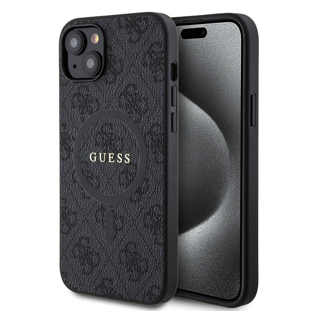 Apple iPhone 15 Plus Guess Orjinal Lisanslı M-safe Şarj Özellikli PU Halkalı 4G Desenli Yazı Logolu Kapak - Görsel 2