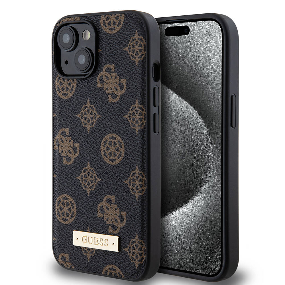 Apple iPhone 15 Plus Kılıf Guess M-safe Şarj Özellikli PU Deri Desenli Metal Plaka Logolu Kapak - Görsel 2