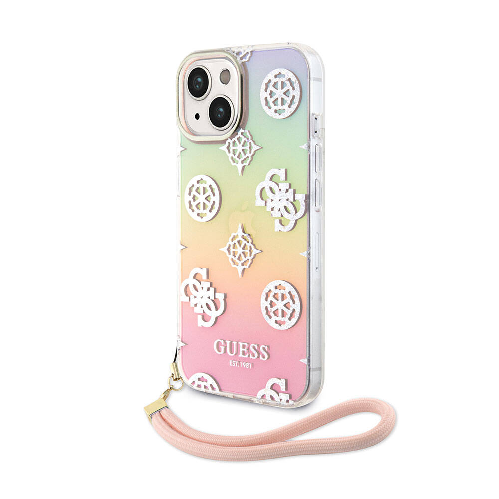 Apple iPhone 15 Plus Kılıf Guess Orjinal Lisanslı Desenli Yazı Logolu Askı İpli Holografik Glitter Peony Kapak - Görsel 5