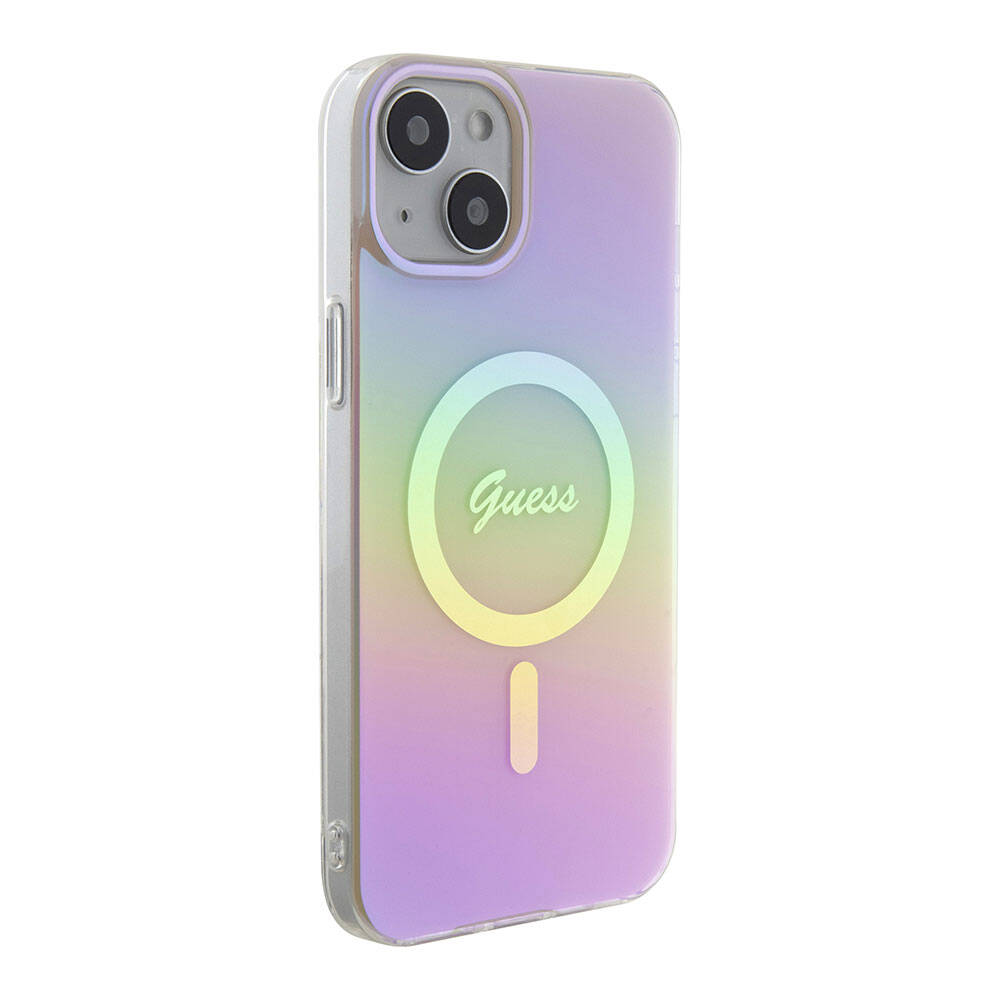 Apple iPhone 15 Plus Kılıf Guess Orjinal Lisanslı M-safe Şarj Özellikli Yazı Logolu Iridescent Kapak - Görsel 5