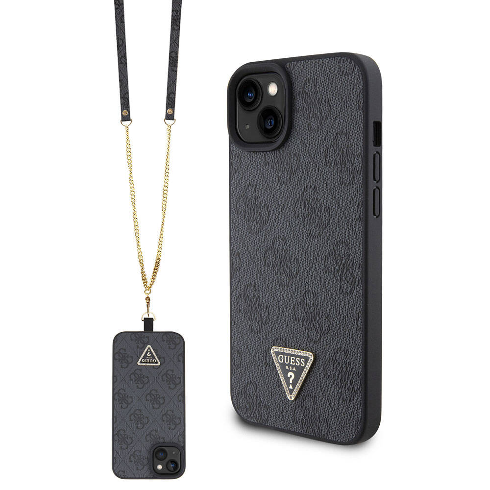 Apple iPhone 15 Plus Kılıf Guess Orjinal Lisanslı PU Deri Askılı Taşlı Üçgen Logo 4G Desenli Strass Crossbody Kapak - Görsel 2