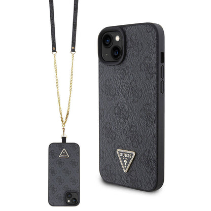Apple iPhone 15 Plus Kılıf Guess Orjinal Lisanslı PU Deri Askılı Taşlı Üçgen Logo 4G Desenli Strass Crossbody Kapak - Görsel 2