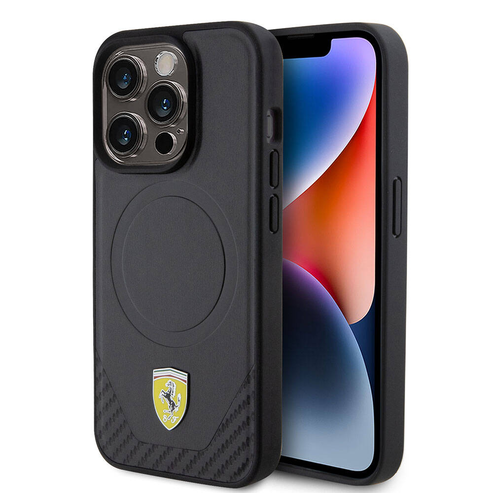 Apple iPhone 15 Pro Kılıf Ferrari Orjinal Lisanslı M-safe Şarj Özellikli Metal Logolu PU Karbon Kapak