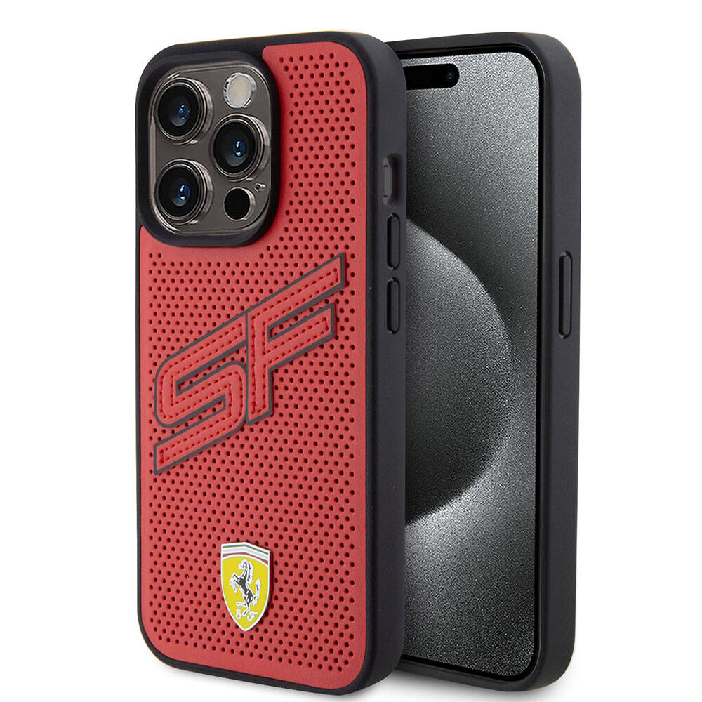 Apple iPhone 15 Pro Kılıf Ferrari Orjinal Lisanslı PU Delikli Arka Yüzey Metal Logolu Dikişli Büyük SF Yazılı Kapak - Görsel 3
