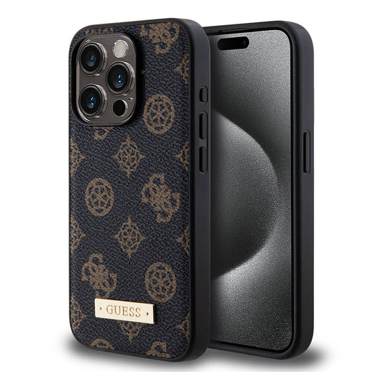 Apple iPhone 15 Pro Kılıf Guess M-safe Şarj Özellikli PU Deri Desenli Metal Plaka Logolu Kapak