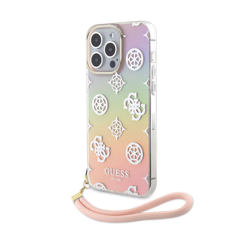 Apple iPhone 15 Pro Kılıf Guess Orjinal Lisanslı Desenli Yazı Logolu Askı İpli Holografik Glitter Peony Kapak - Görsel 5
