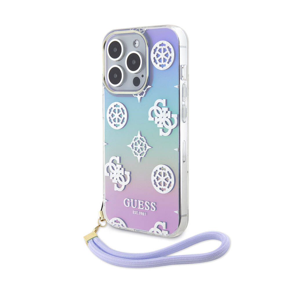 Apple iPhone 15 Pro Kılıf Guess Orjinal Lisanslı Desenli Yazı Logolu Askı İpli Holografik Glitter Peony Kapak - Görsel 4